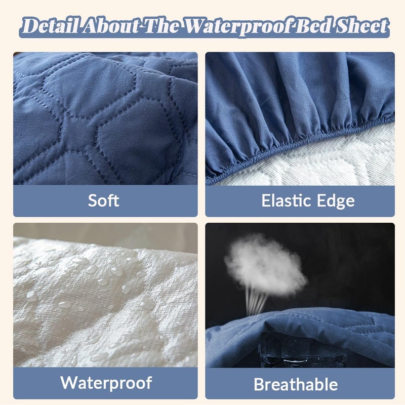 Highdi Waterproof Double Mattress Protector, 150 x 200 cm, Blue Fitted Sheet in Cotton and Microfibre Protection, Mattress Protector, Breathable, All Around Elastic - Image 5