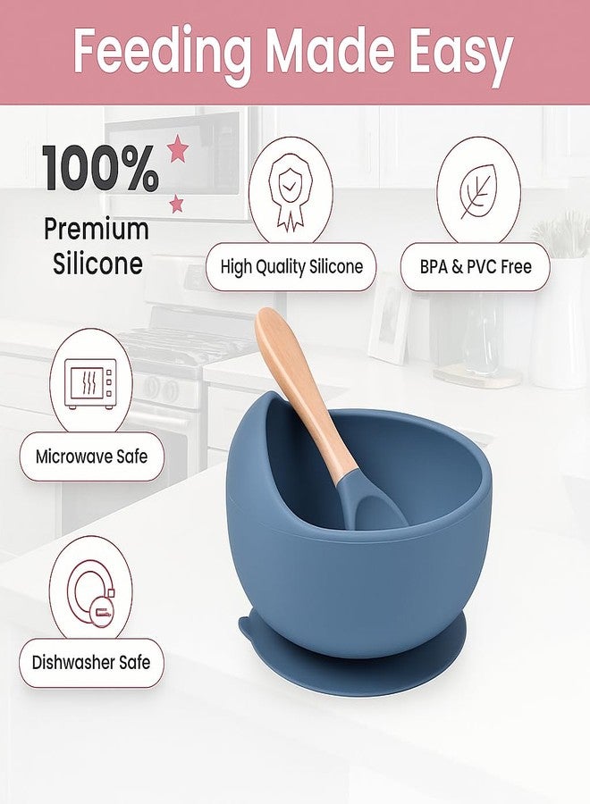 NOWFLY Baby Feeding Bowl and Spoon | Silicone Suction Baby Bowl | BPA Free Microwave Safe Feeding Sett (Light Nevy Blue) - Image 2