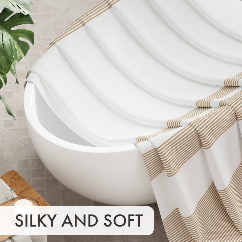 AmazerBath Shower Curtain, 72x72 Washable Cloth Neutral Light Tan Shower Curtain with 12 Hooks, Fabric Khaki and White Striped Set, Farmhouse Bathroom Shower Curtain - Image 4