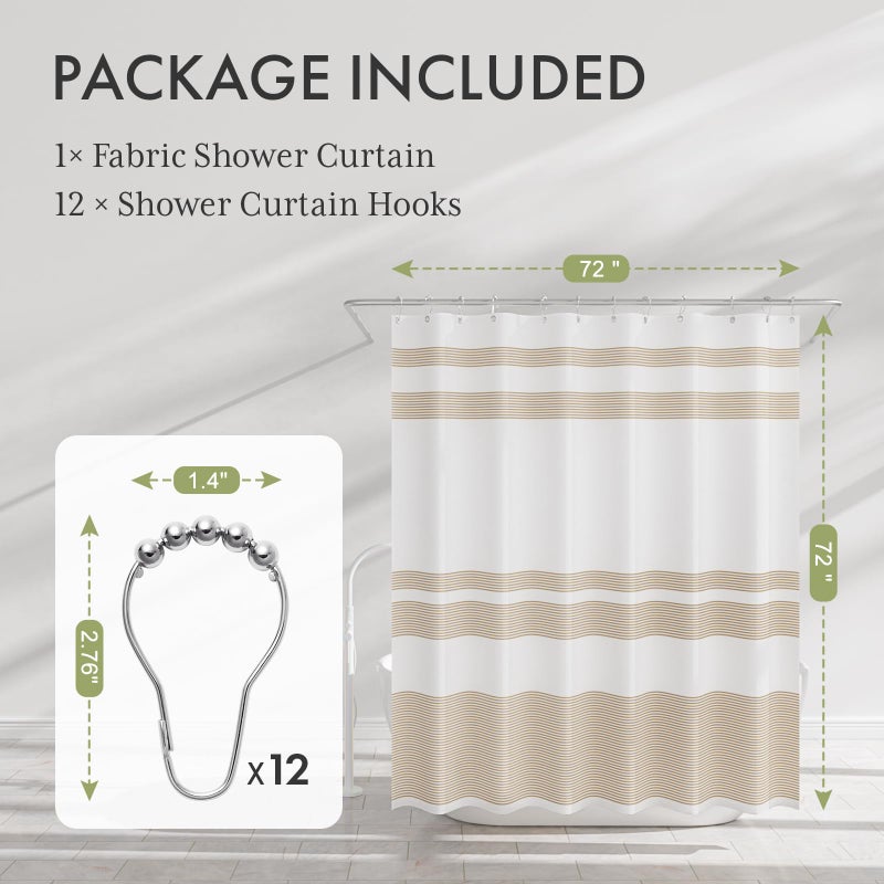 AmazerBath Shower Curtain, 72x72 Washable Cloth Neutral Light Tan Shower Curtain with 12 Hooks, Fabric Khaki and White Striped Set, Farmhouse Bathroom Shower Curtain - Image 2