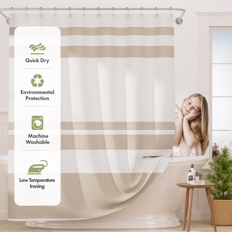 AmazerBath Shower Curtain, 72x72 Washable Cloth Neutral Light Tan Shower Curtain with 12 Hooks, Fabric Khaki and White Striped Set, Farmhouse Bathroom Shower Curtain - Image 3