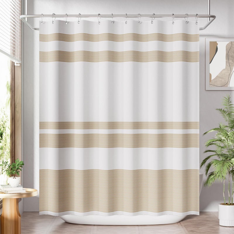 AmazerBath Shower Curtain, 72x72 Washable Cloth Neutral Light Tan Shower Curtain with 12 Hooks, Fabric Khaki and White Striped Set, Farmhouse Bathroom Shower Curtain - Image 1