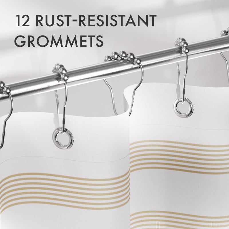AmazerBath Shower Curtain, 72x72 Washable Cloth Neutral Light Tan Shower Curtain with 12 Hooks, Fabric Khaki and White Striped Set, Farmhouse Bathroom Shower Curtain - Image 5