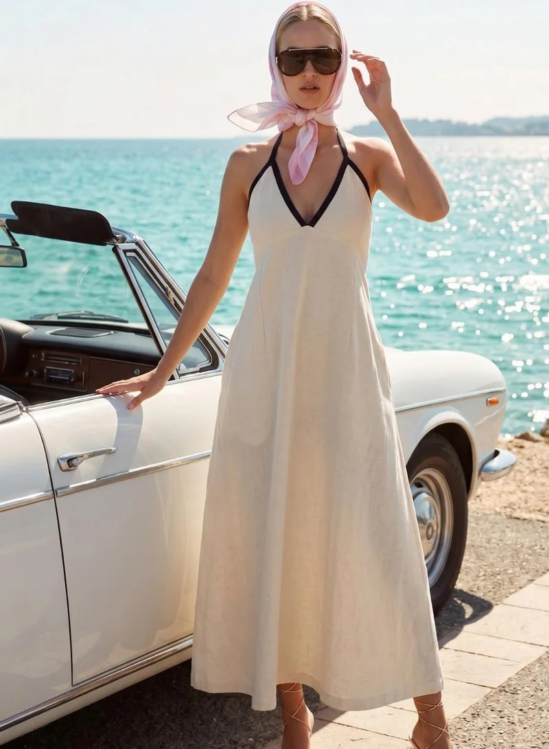 دينيس لينغو Women Ecru Cotton Blend Solid Midi A-Line Flared Dress