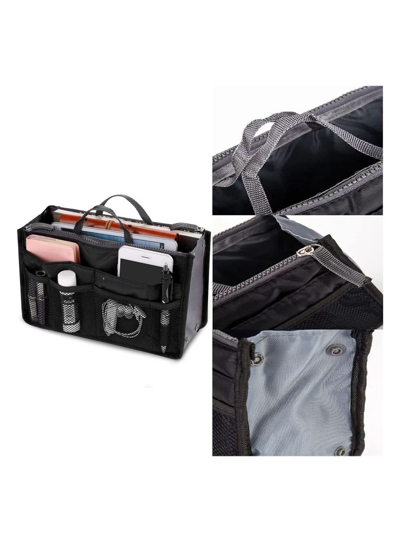 SYOSI Handbag Organiser Ladies Travel Insert Handbag Purse Organiser 13 Pockets Expandable Liner Bag Pouch Zipper Closure Tote Organiser Diaper Bag with Handle Double Zipper Cotton Bag Storage Bag  - Image 4