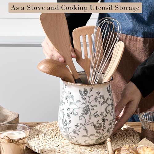 Jemirry Utensil Holder for Kitchen Counter, Modern Farmhouse Cooking Utensil Holder and Crock Home Kitchen Decor, Ceramic Utensil Organizer for Spatula, Ladle, Eggbeater, Rolling Pin- Gray Flower Patterns - Image 5