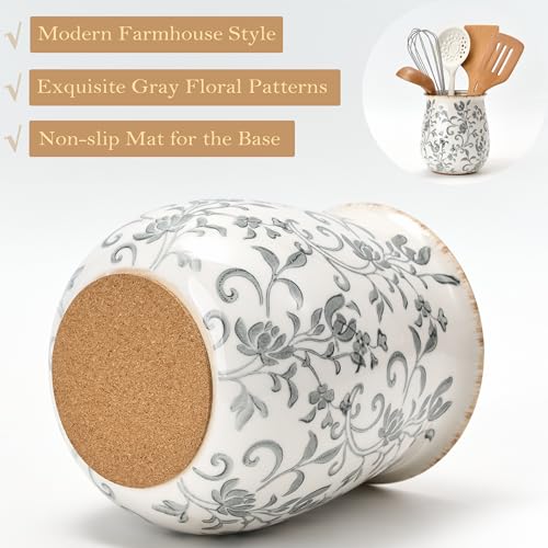 Jemirry Utensil Holder for Kitchen Counter, Modern Farmhouse Cooking Utensil Holder and Crock Home Kitchen Decor, Ceramic Utensil Organizer for Spatula, Ladle, Eggbeater, Rolling Pin- Gray Flower Patterns - Image 4