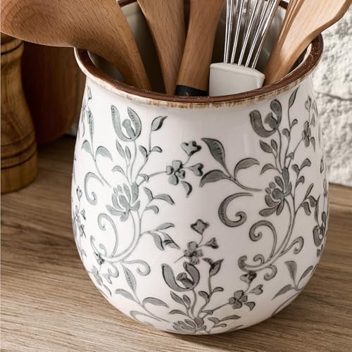 Jemirry Utensil Holder for Kitchen Counter, Modern Farmhouse Cooking Utensil Holder and Crock Home Kitchen Decor, Ceramic Utensil Organizer for Spatula, Ladle, Eggbeater, Rolling Pin- Gray Flower Patterns - Image 2