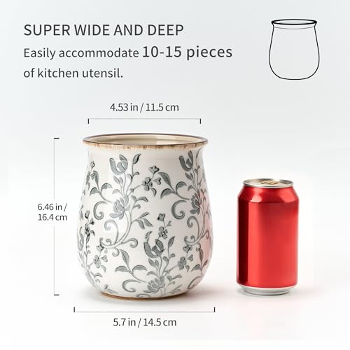 Jemirry Utensil Holder for Kitchen Counter, Modern Farmhouse Cooking Utensil Holder and Crock Home Kitchen Decor, Ceramic Utensil Organizer for Spatula, Ladle, Eggbeater, Rolling Pin- Gray Flower Patterns - Image 3