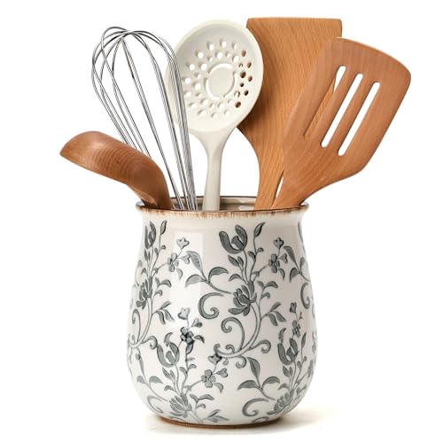 Jemirry Utensil Holder for Kitchen Counter, Modern Farmhouse Cooking Utensil Holder and Crock Home Kitchen Decor, Ceramic Utensil Organizer for Spatula, Ladle, Eggbeater, Rolling Pin- Gray Flower Patterns - Image 1