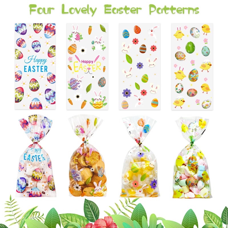 QOIUSO Easter Treat Bags: Clear Easter Cellophane Bags with 60 Twist Ties for Candy Goodie Cookies Sweet and Gifts Packaging - 50pcs Assorted Bunny & Egg Designs Platstic Party Favors Bags - Image 3