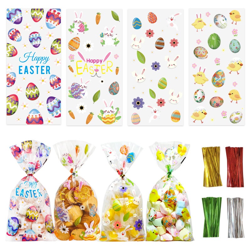 QOIUSO Easter Treat Bags: Clear Easter Cellophane Bags with 60 Twist Ties for Candy Goodie Cookies Sweet and Gifts Packaging - 50pcs Assorted Bunny & Egg Designs Platstic Party Favors Bags - Image 1