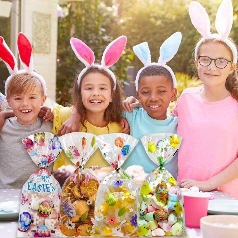 QOIUSO Easter Treat Bags: Clear Easter Cellophane Bags with 60 Twist Ties for Candy Goodie Cookies Sweet and Gifts Packaging - 50pcs Assorted Bunny & Egg Designs Platstic Party Favors Bags - Image 5