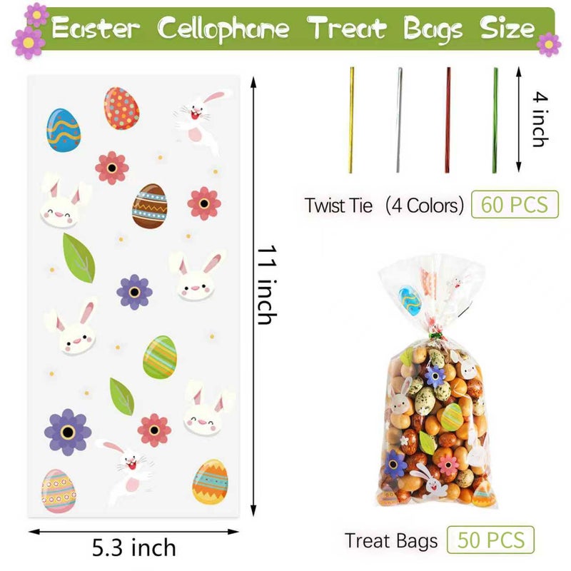 QOIUSO Easter Treat Bags: Clear Easter Cellophane Bags with 60 Twist Ties for Candy Goodie Cookies Sweet and Gifts Packaging - 50pcs Assorted Bunny & Egg Designs Platstic Party Favors Bags - Image 2