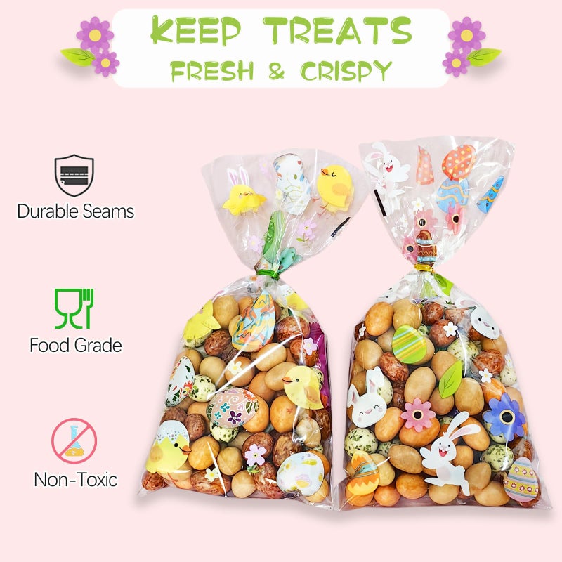 QOIUSO Easter Treat Bags: Clear Easter Cellophane Bags with 60 Twist Ties for Candy Goodie Cookies Sweet and Gifts Packaging - 50pcs Assorted Bunny & Egg Designs Platstic Party Favors Bags - Image 4