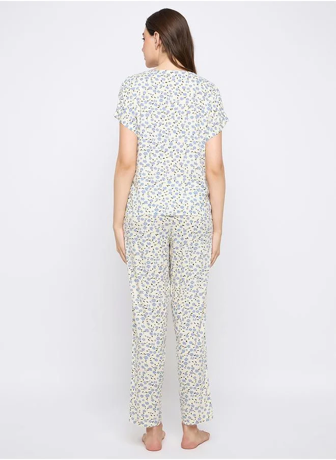 Clovia Printed Round Neck Top and Pyjama Set by Styli