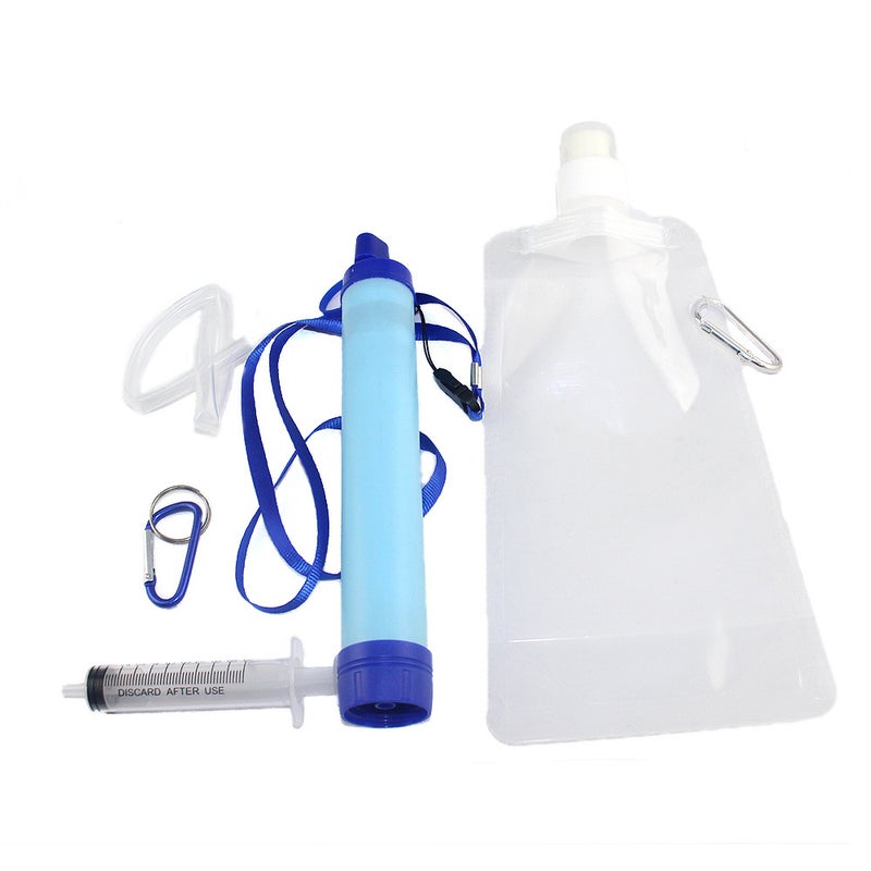 Portable Water Filter Straw: Blue Food-Grade ABS Material, Double Filtration - 1500L Purification Capacity, With Water Bag & Backwasher for Outdoor Hiking Camping Emergency Survival - Image 1
