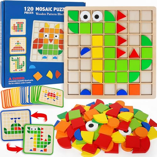 FQKIOMY Wooden Stacking Puzzle Toy120 Pcs Colorful Pattern Blocks Set Geometric Shape Puzzles for Kids Ages 3 Montessori Preschool Educational STEM Puzzle Toys for Classroom Learning Kindergarten - Image 1