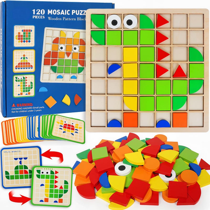 FQKIOMY Wooden Stacking Puzzle Toy120 Pcs Colorful Pattern Blocks Set Geometric Shape Puzzles for Kids Ages 3 Montessori Preschool Educational STEM Puzzle Toys for Classroom Learning Kindergarten - Image 3