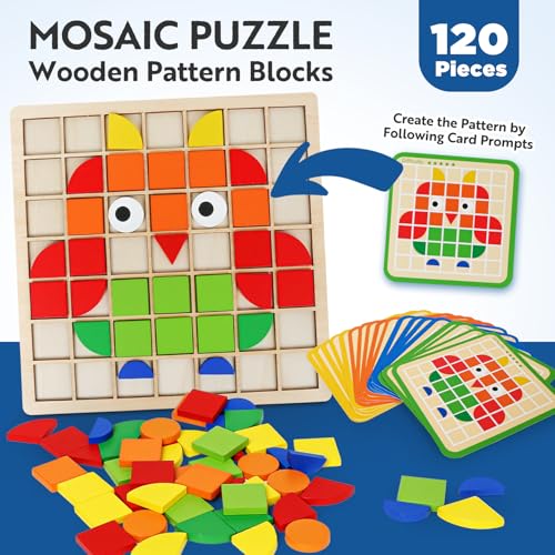 FQKIOMY Wooden Stacking Puzzle Toy120 Pcs Colorful Pattern Blocks Set Geometric Shape Puzzles for Kids Ages 3 Montessori Preschool Educational STEM Puzzle Toys for Classroom Learning Kindergarten - Image 5