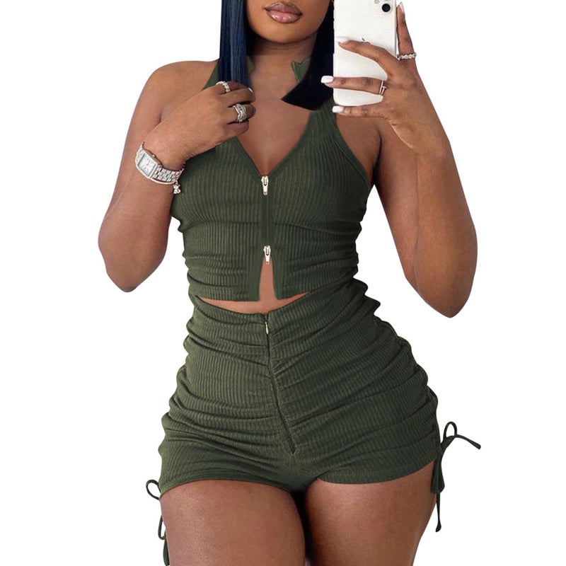 PYAEAS Summer Two Piece Outfits for Women, Casual Stretchy Ribbed Tank Crop Top Drawstring Ruched Shorts Set Workout Tracksuits (Green Zipper,S) - Image 1