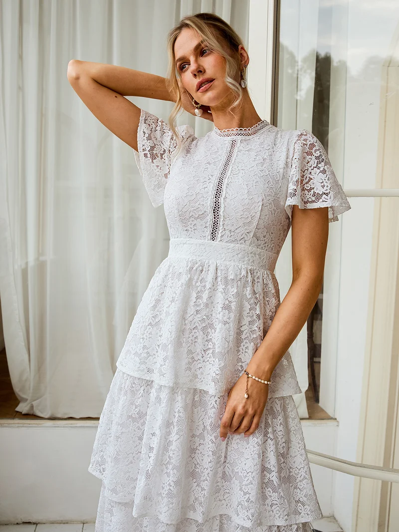 Simplee Women High Neck Short Flutter Sleeve Floral Lace Tiered Midi Dress Elegant Wedding Guest Casual Dress
