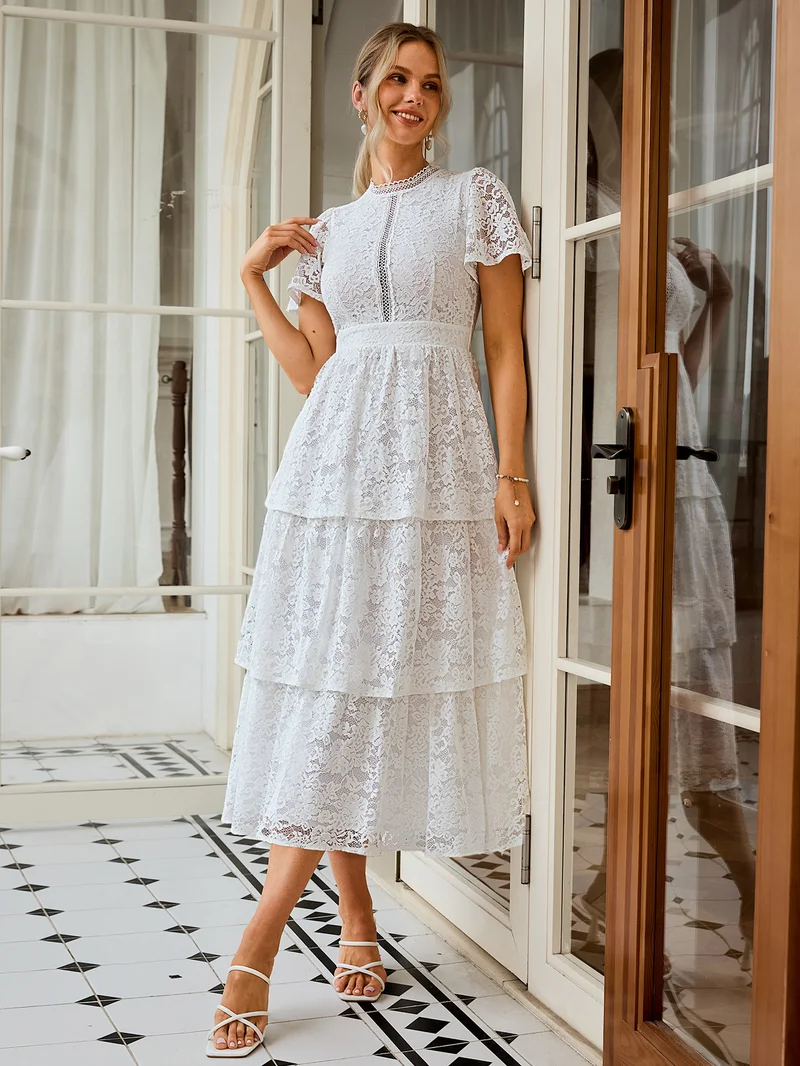 Simplee Women High Neck Short Flutter Sleeve Floral Lace Tiered Midi Dress Elegant Wedding Guest Casual Dress