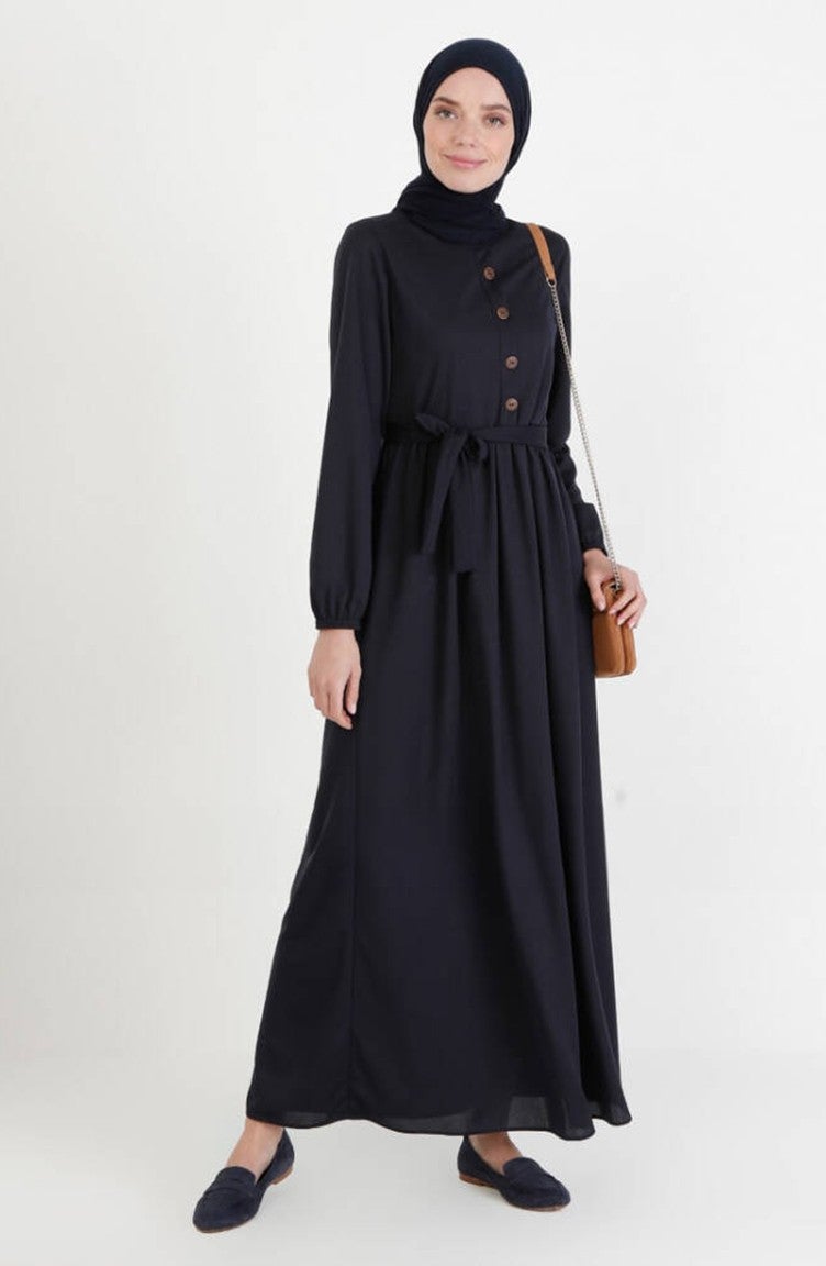 Sefa Merve Belted Dress 7979-11 Navy Blue - Image 1