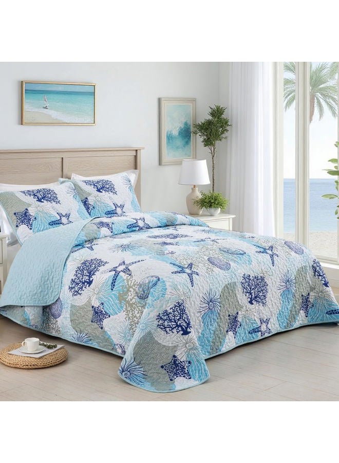 Dinjoy Coastal Quilt Set Full Size, Blue Ocean Beach Themed Bedding Set Coral Seashell Conch Starfish Pattern Microfiber Lightweight Summer Bedspread Coverlet Bed Set All Season(78x90 Inch) - Image 2