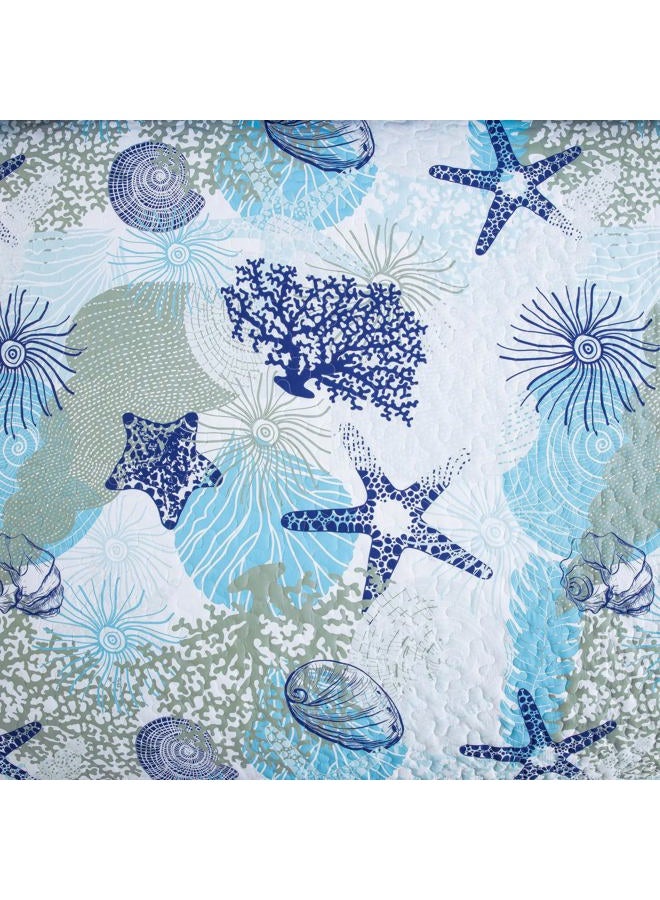 Dinjoy Coastal Quilt Set Full Size, Blue Ocean Beach Themed Bedding Set Coral Seashell Conch Starfish Pattern Microfiber Lightweight Summer Bedspread Coverlet Bed Set All Season(78x90 Inch) - Image 3
