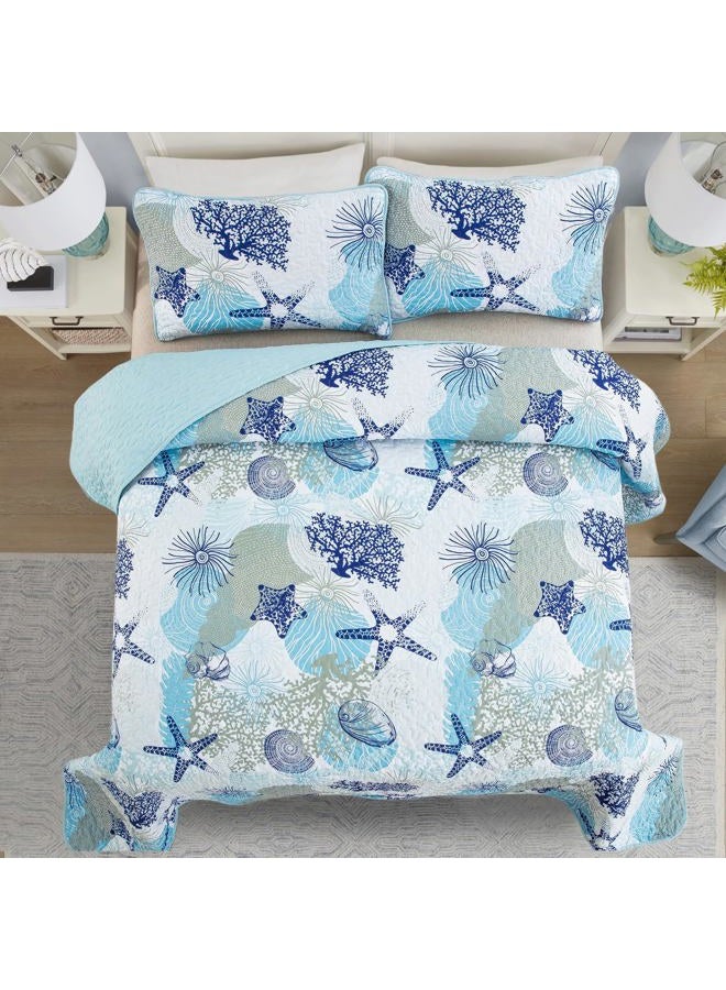 Dinjoy Coastal Quilt Set Full Size, Blue Ocean Beach Themed Bedding Set Coral Seashell Conch Starfish Pattern Microfiber Lightweight Summer Bedspread Coverlet Bed Set All Season(78x90 Inch) - Image 5