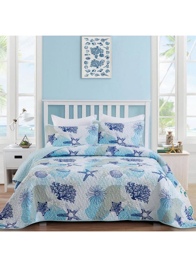 Dinjoy Coastal Quilt Set Full Size, Blue Ocean Beach Themed Bedding Set Coral Seashell Conch Starfish Pattern Microfiber Lightweight Summer Bedspread Coverlet Bed Set All Season(78x90 Inch) - Image 1
