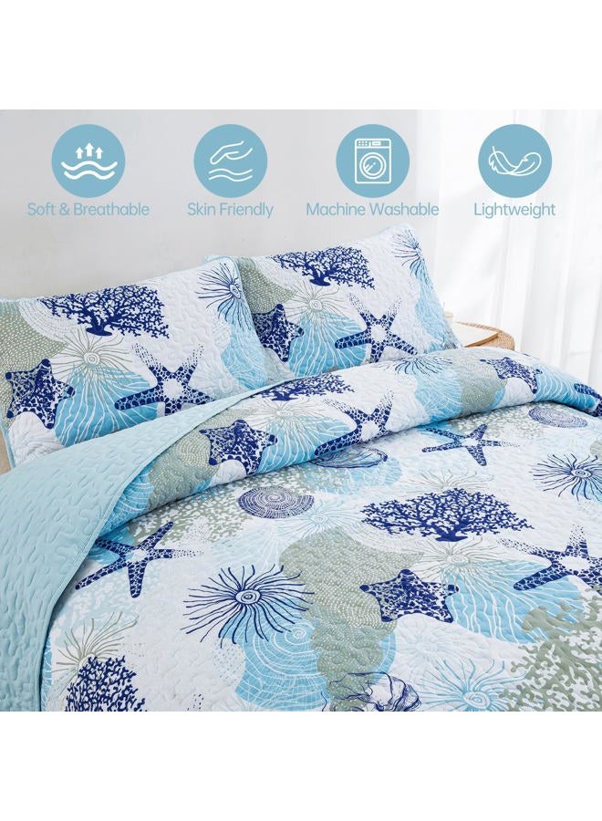 Dinjoy Coastal Quilt Set Full Size, Blue Ocean Beach Themed Bedding Set Coral Seashell Conch Starfish Pattern Microfiber Lightweight Summer Bedspread Coverlet Bed Set All Season(78x90 Inch) - Image 4