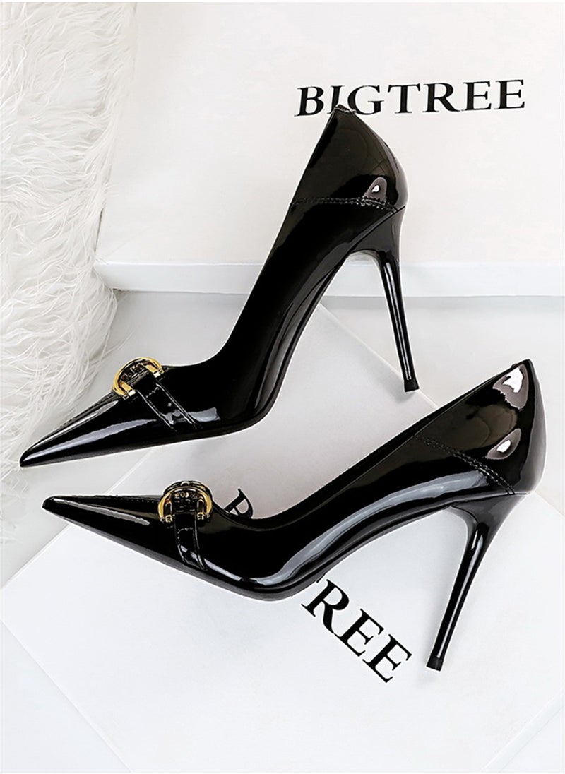 BIGTREE 10.5cm European And American High Heels Bright Surface Patent Leather Shallow Mouth Pointed OL Metal Single Shoes Black  - Image 2