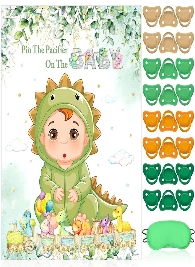 Faccito Dinosaur Baby Shower Party Games Pin the Pacifier Games Set Include Sage Green Dino Poster Blindfold 24 Pacifier Stickers for Jungle Dinosaur Birthday Party Baby Shower Activities Decorations - Image 1