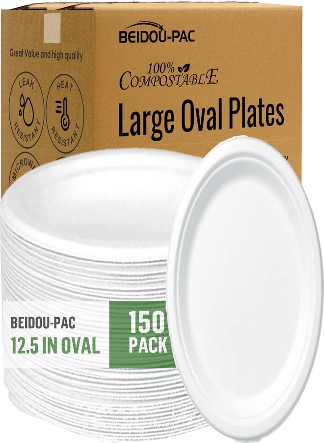 BEIDOU-PAC Compostable Heavy Duty Disposable Oval Paper Plates, 150 Count | 12.5 Inch | Natural Bagasse, Biodegradable Eco-Friendly Sugarcane BBQ, Party, Gathering, Picnic White Sugarcane Tray - Image 1