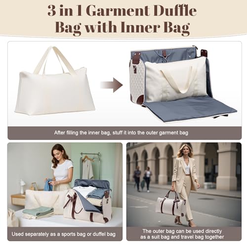 GARPROVM Garment Bags for Travel Women, 3 in 1 Convertible Garment Duffle Bags with Separated Tote Bag, Waterproof Suit Bag Travel Carry On Luggage Weekender Bag for Business Trip, Beige - Image 4