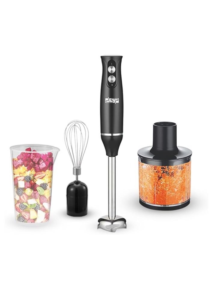 دي اس بي خلاط يدوي DSP 4 في 1، محرك نحاسي بقوة 500 وات، من الفولاذ المقاوم للصدأ، سرعتان - يتضمن مفرمة سعة 500 مل، وخفاقة، وكوب، KM1093 (أسود) - Image 1