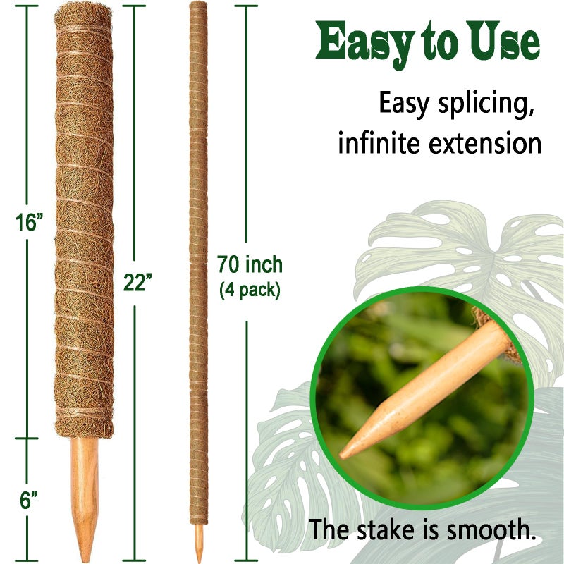 CHIAFFI 4 Pack 22 Inch Moss Poles, Stackable Moss Pole for Plants Monstera, 70 Inch Tall Moss Poles for Climbing Plants Indoor, Coir Totem Plant Support Stakes Stand for Potted Plants, Pothos - Image 2
