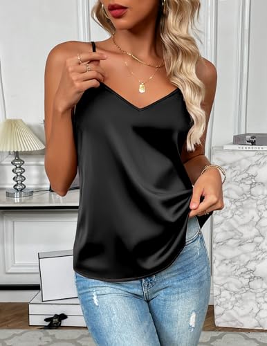 Zeagoo Women's Silk Satin Tank Tops Adjustable Spaghetti Strap Camisole V Neck Causal Basic Blouse Black - Image 3