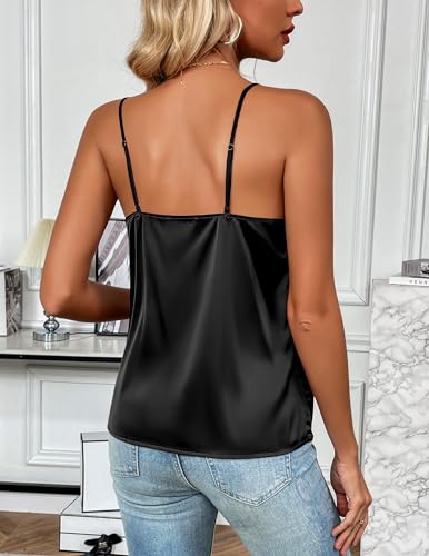 Zeagoo Women's Silk Satin Tank Tops Adjustable Spaghetti Strap Camisole V Neck Causal Basic Blouse Black - Image 4