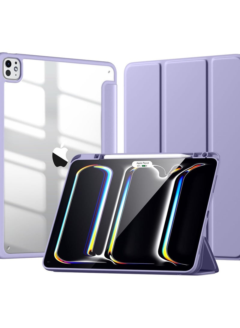 Hybrid Case Compatible with iPad Pro 13 inch 2024 (M4), [Built-in Pencil Holder] Shockproof Cover w/Clear Transparent Back Shell, Auto Wake/Sleep, lavnder