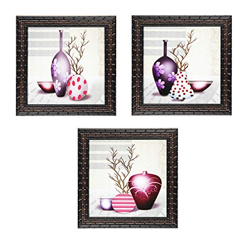 Indianara Set of 3 Abstract Modern Flowers in Vases Framed Wall Hanging Laminated Paintings Matt Art Prints 9 inch x 9 inch each without Glass (2928) - Image 1