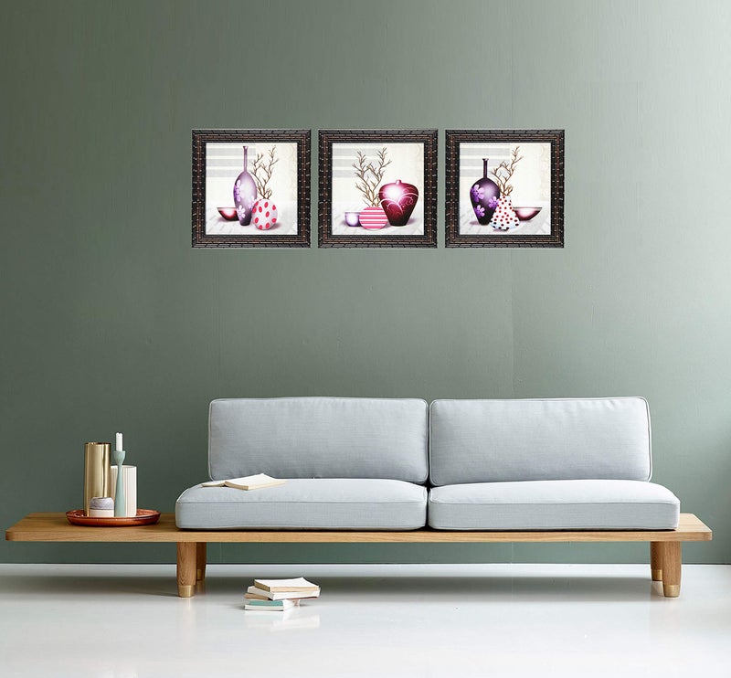 Indianara Set of 3 Abstract Modern Flowers in Vases Framed Wall Hanging Laminated Paintings Matt Art Prints 9 inch x 9 inch each without Glass (2928) - Image 3