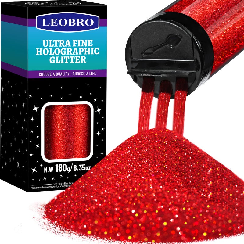 180G635OZ Holographic Ultra Fine Glitter 1128 Resin Glitter Powder Sequins Flakes Hair Face Body Nail Glitter LEOBRO Metallic Iridescent Glitter for Resin Tumblers Art Crafts Red Glitter