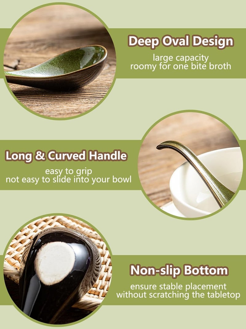 Gomakren Asian Soup Spoons, 6.5 Inch Ceramic Chinese Soup Spoons for Cereal, Ramen, Pho, Noodles, Stews, Christmas Green Kitchen Spoons with Long Handle and Deep Oval Design - Set of 6 - Image 3