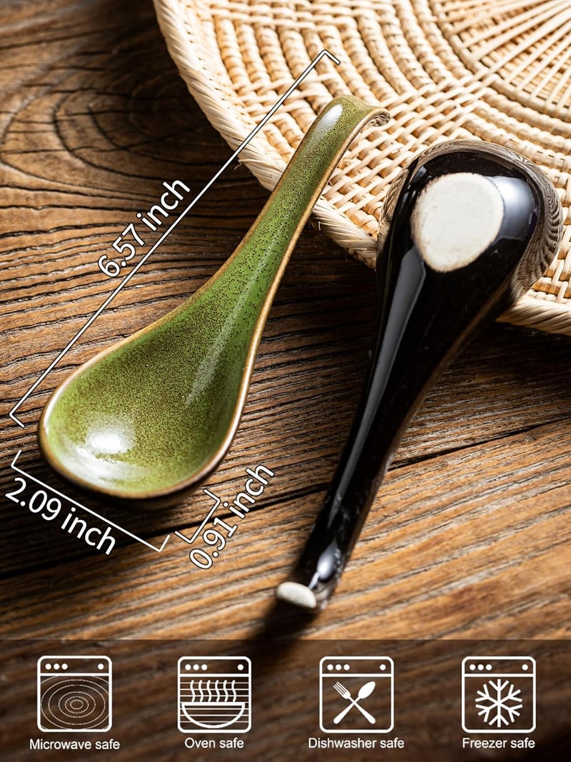 Gomakren Asian Soup Spoons, 6.5 Inch Ceramic Chinese Soup Spoons for Cereal, Ramen, Pho, Noodles, Stews, Christmas Green Kitchen Spoons with Long Handle and Deep Oval Design - Set of 6 - Image 2