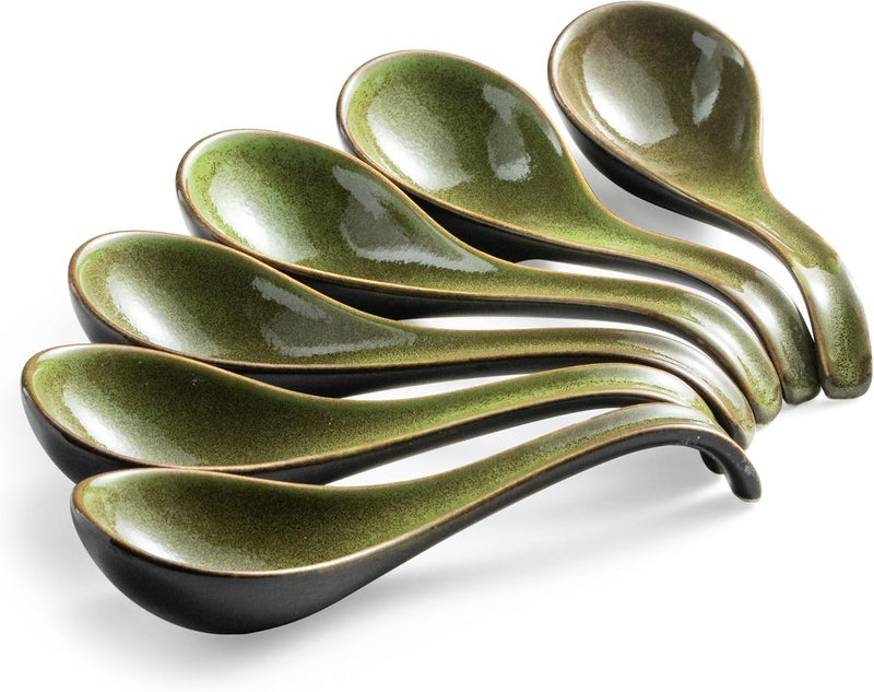 Gomakren Asian Soup Spoons, 6.5 Inch Ceramic Chinese Soup Spoons for Cereal, Ramen, Pho, Noodles, Stews, Christmas Green Kitchen Spoons with Long Handle and Deep Oval Design - Set of 6 - Image 1