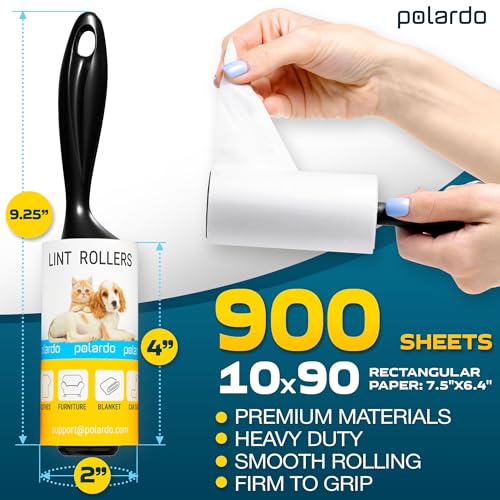 Polardo Lint Rollers 2 pcs, 900 Sticky Sheets, Extra 8 Spare Rollers/Hair Remover for Clothes, Furniture, Couch, Carpet, Dog Hair Remover, Cat Hair Remover, Animal Fur, Fuzz - Image 2