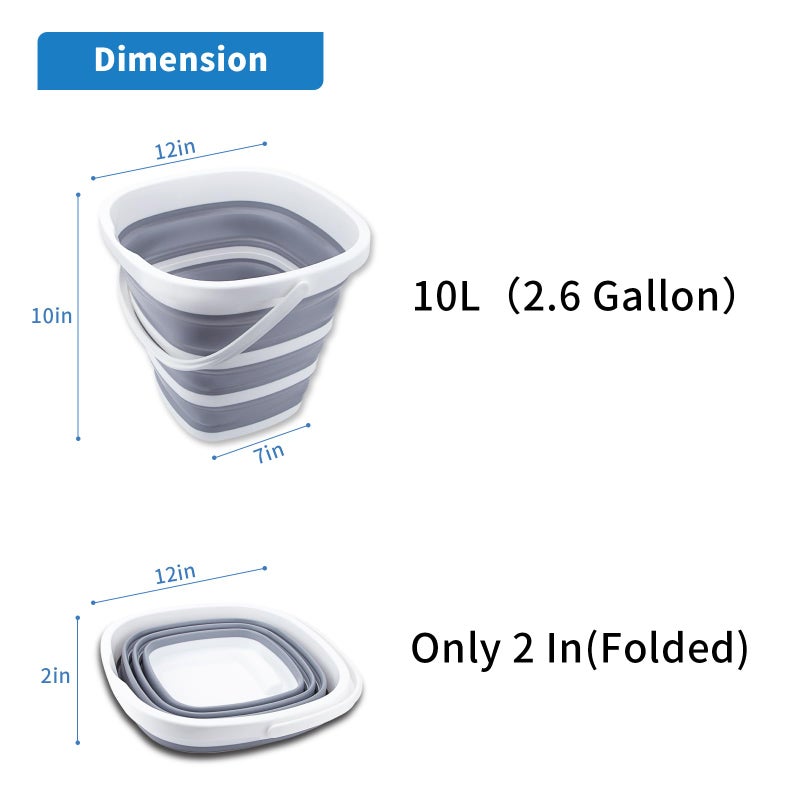 Craftend Collapsible Bucket 10L 2.6 Gallon Cleaning Bucket Mop Bucket Folding Foldable Portable Small Plastic Water Supplies for Outdoor Garden Camping Fishing Car Wash Space Saving Grey Square - Image 2